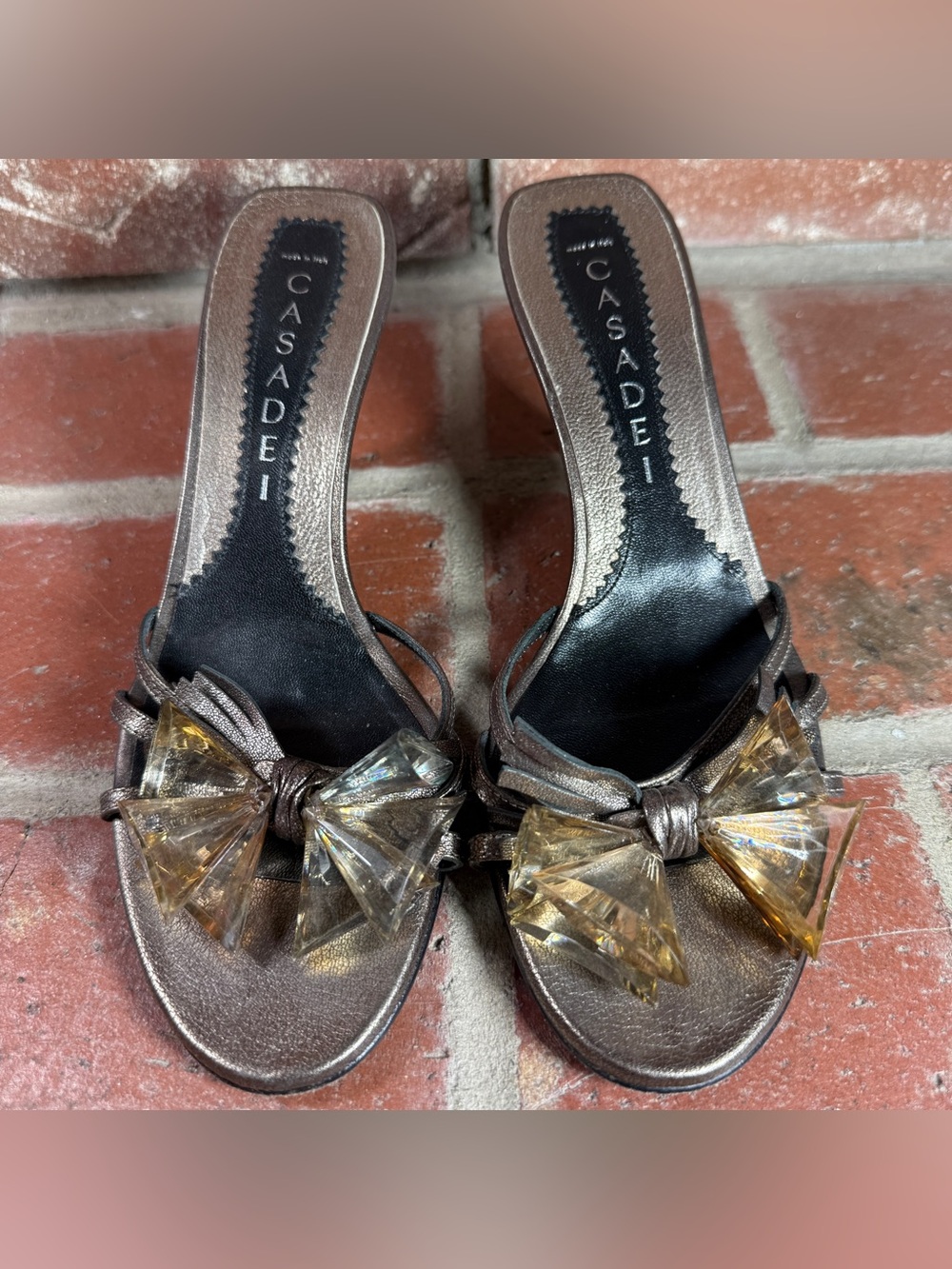 Vintage Casadei Metallic Bronze Slip-On Mules with Crystal Bow Accents Size 7B